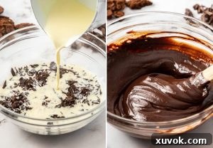 Chocolate ganache being stirred.