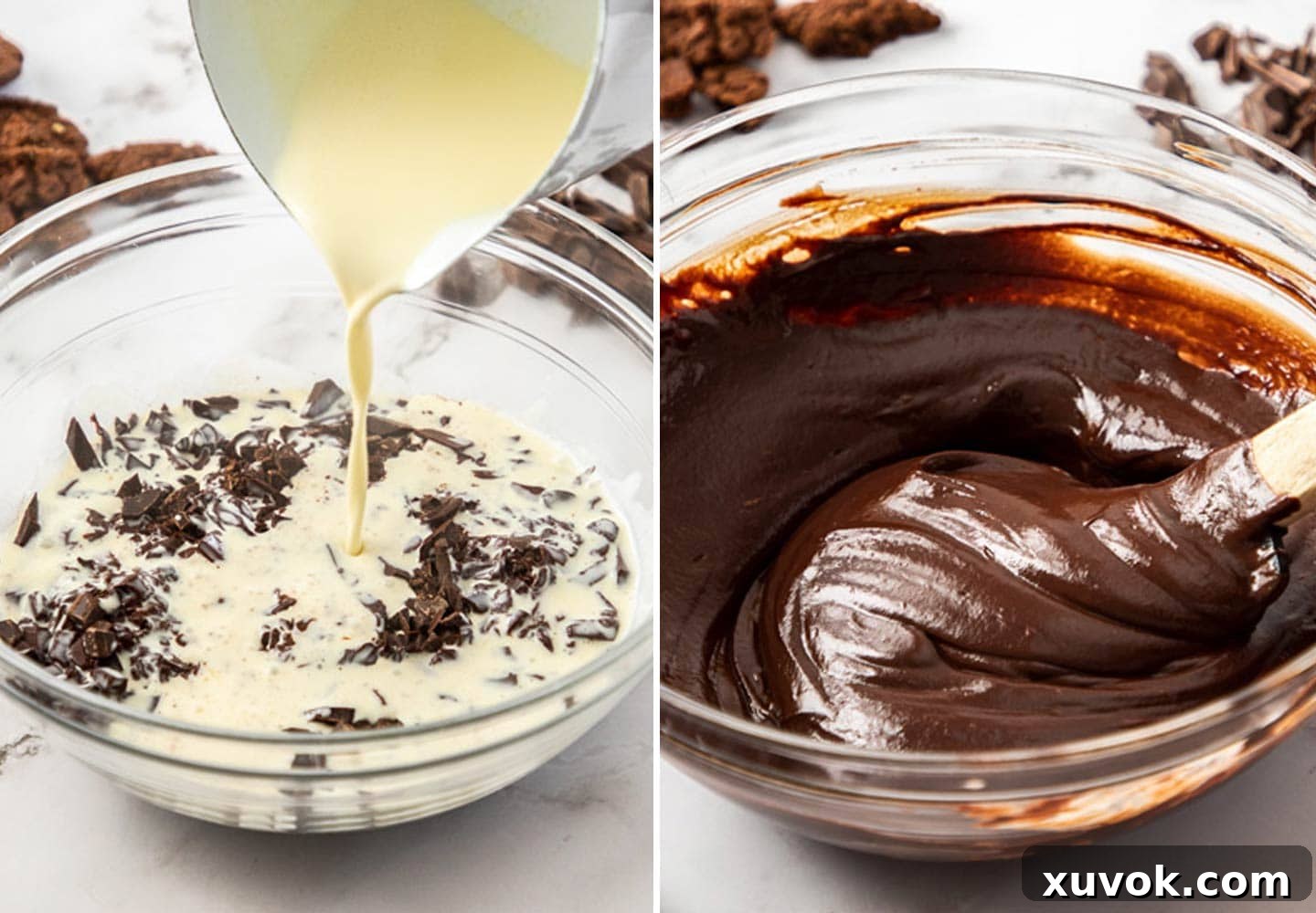 Chocolate ganache being stirred.