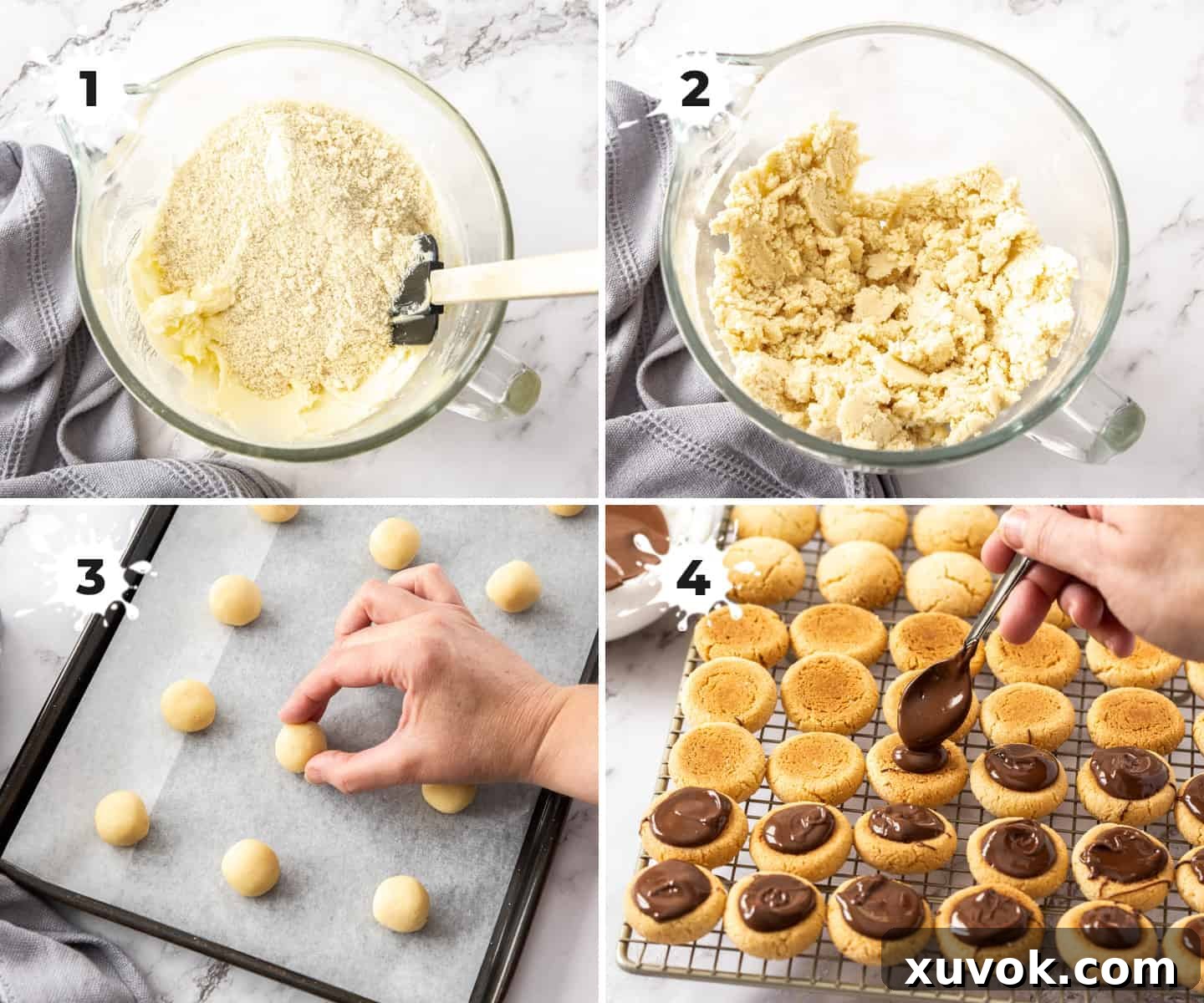 A visual guide showing the stages of making Baci Di Dama dough and the process of filling the baked cookies with chocolate.