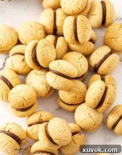 Closeup of a pile of Baci Di Dama cookies on a marble surface, showcasing their delicious texture.
