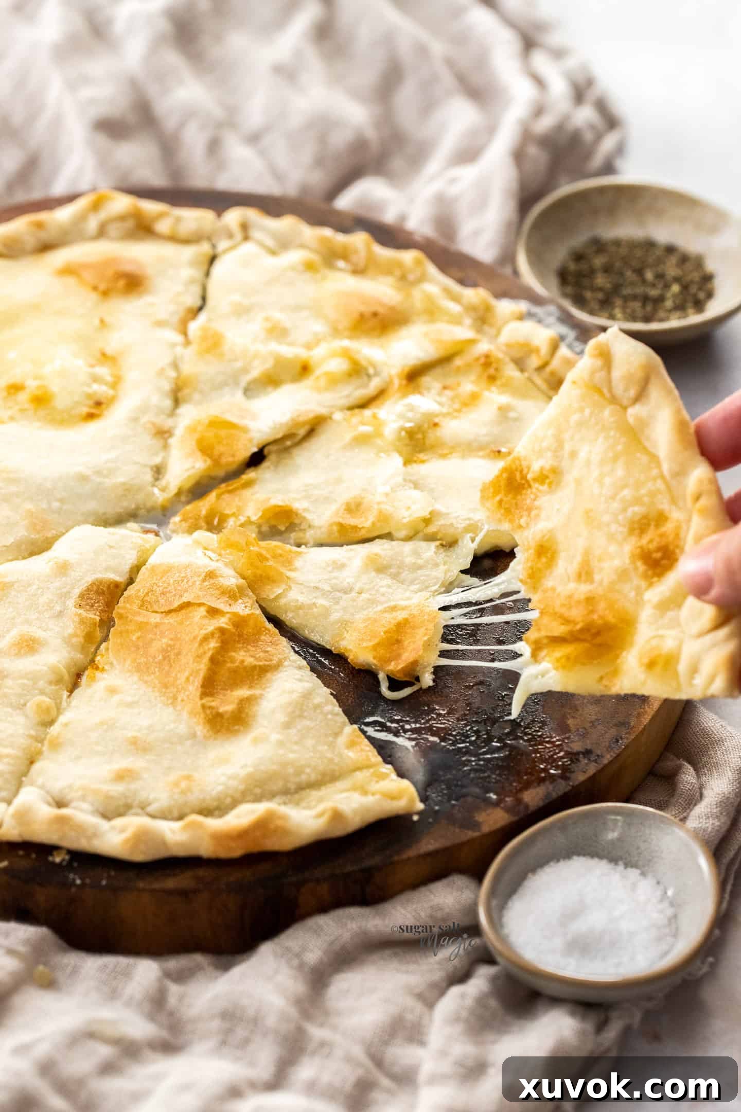 A hand pulling away a piece of focaccia showing the gooey cheese.