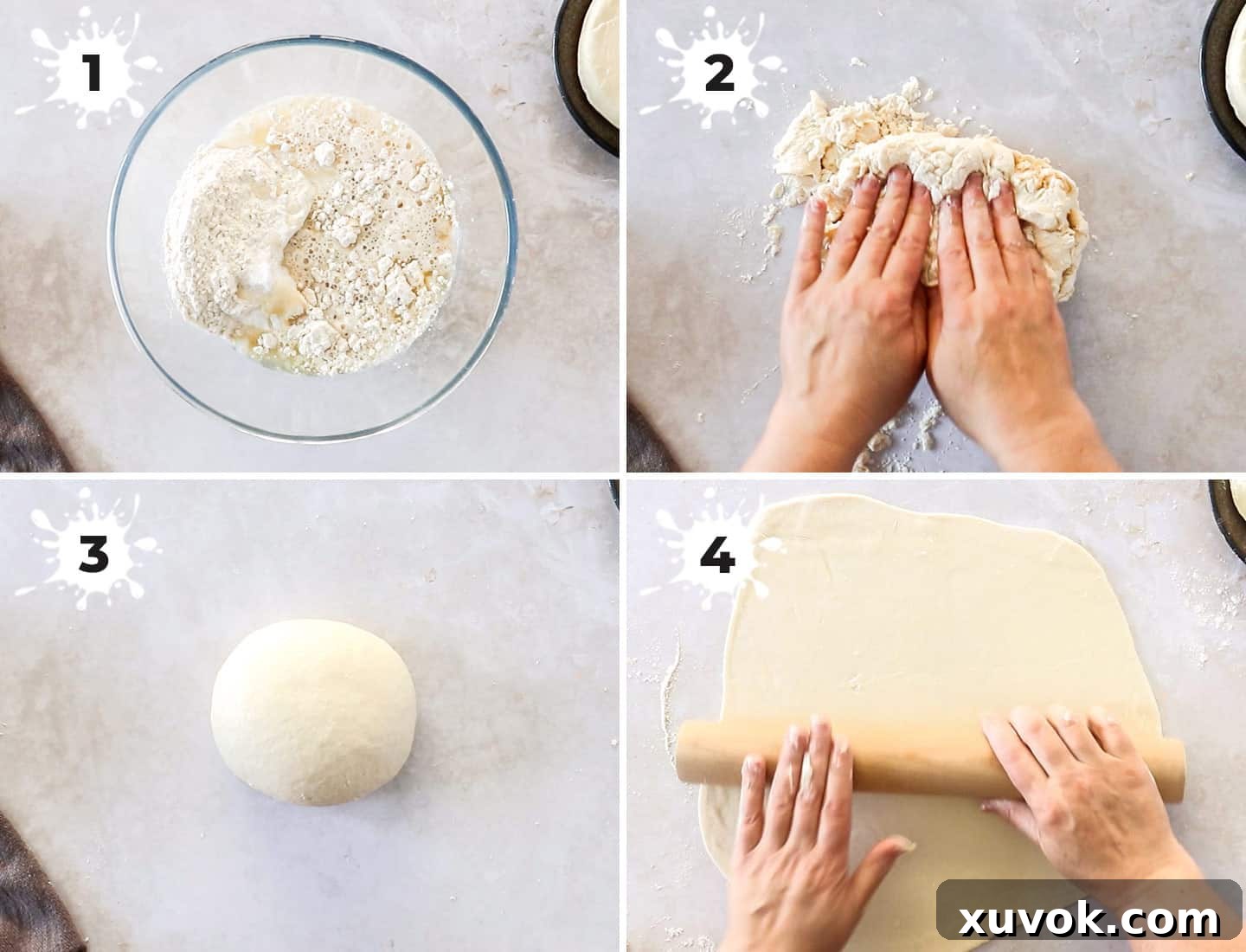 A collage of 4 images showing how to prepare the dough for cheese focaccia.