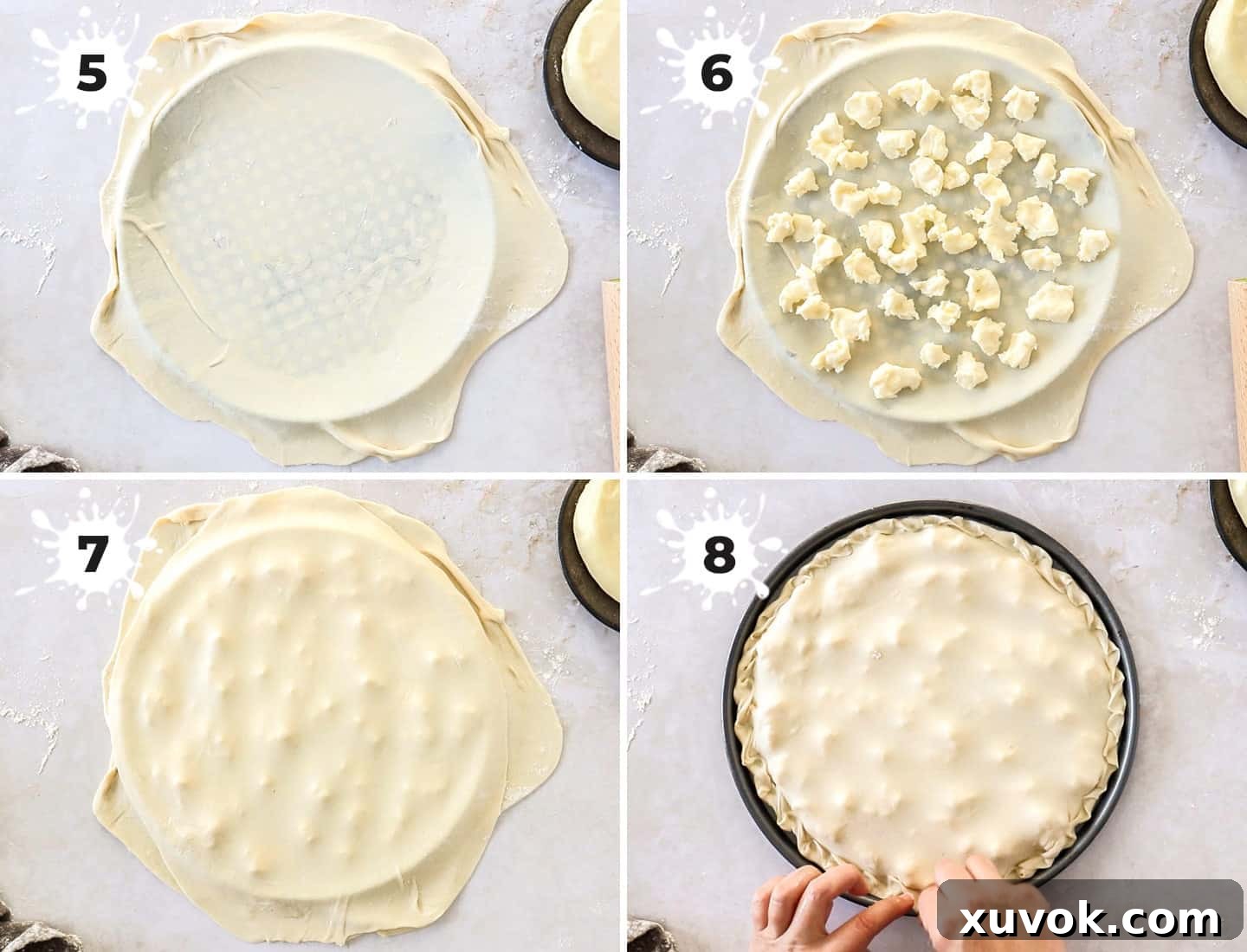A collage of 4 images showing how to assemble focaccia di recco.