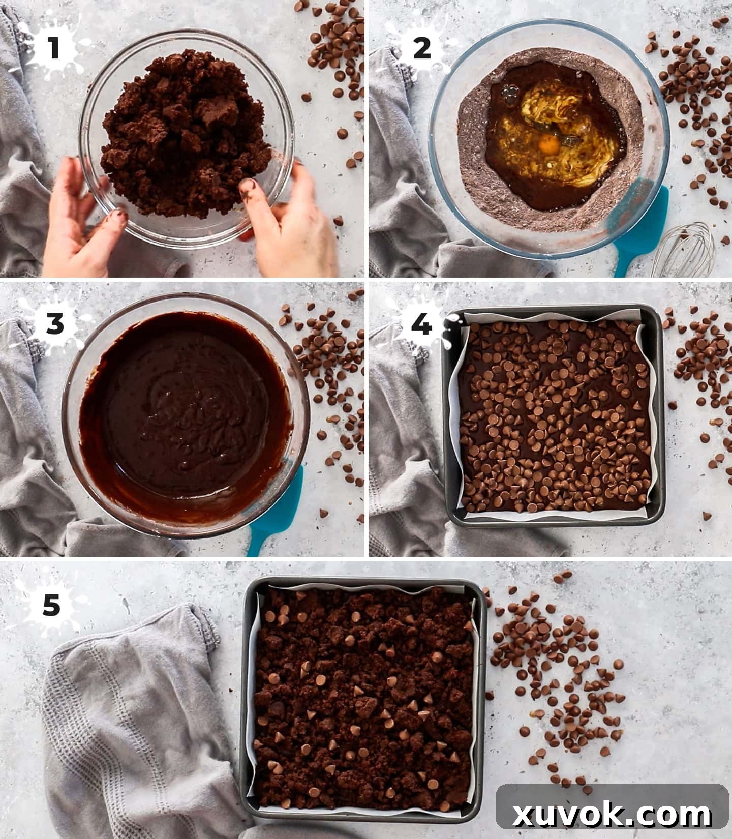 A collage of 5 images illustrating the process of making chocolate crumb cake, from mixing ingredients to layering the batter and crumble, providing a visual guide.