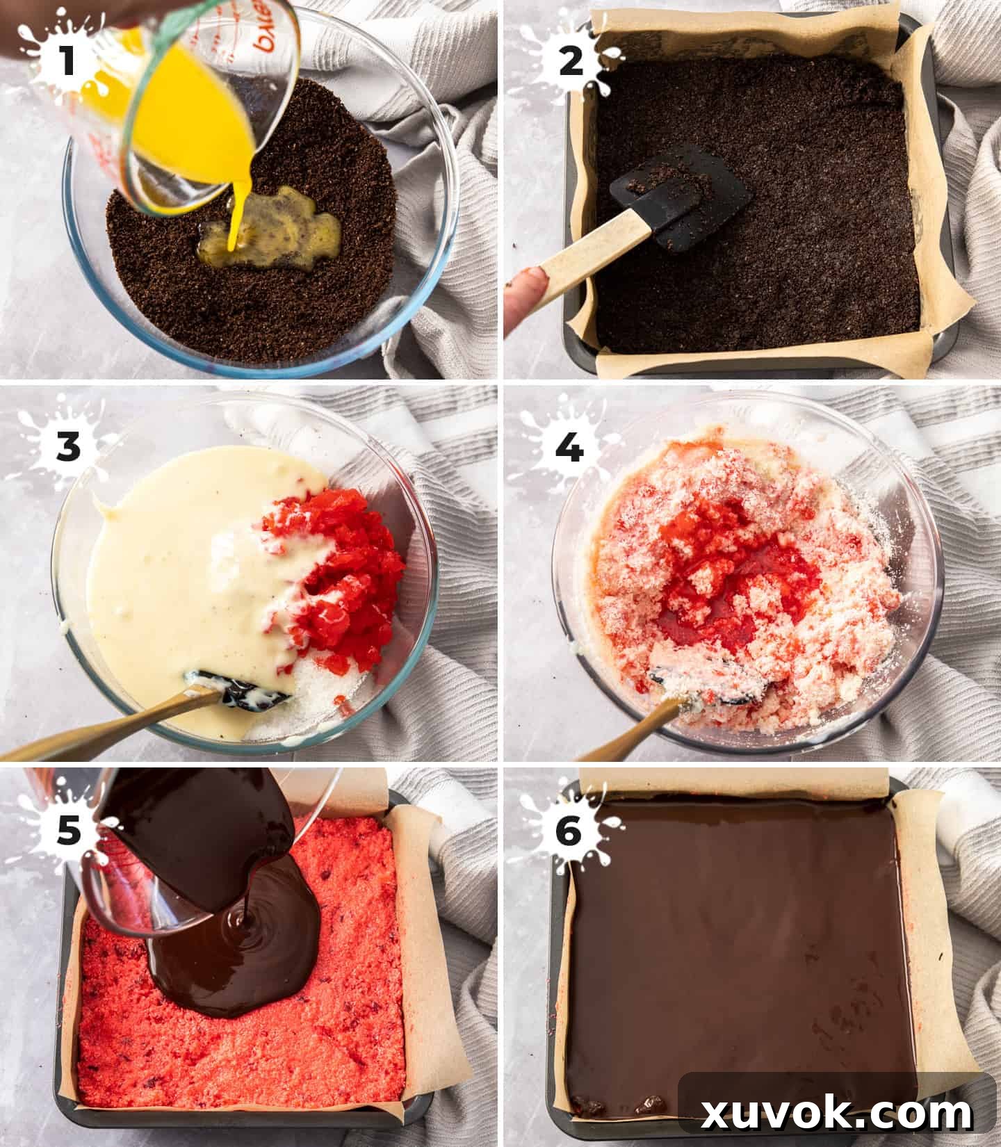 A collage of 6 images showing how to mix together and assemble the ingredients.