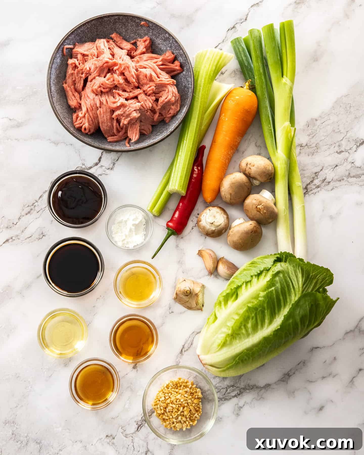 A selection of fresh ingredients for turkey san choy bow, including turkey mince, vegetables, and sauce components, neatly arranged on a marble countertop.