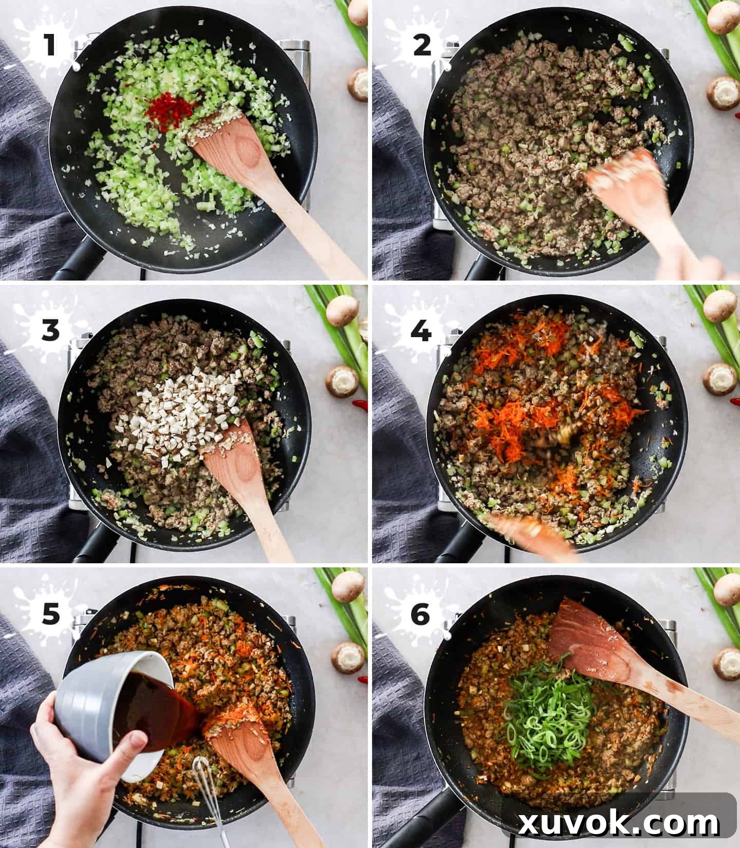 A six-panel collage illustrating the step-by-step cooking process of turkey san choy bow, from prepping ingredients to the final stir-fry.