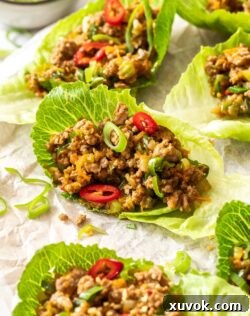 Lettuce leaves filled with san choy bow meat filling.