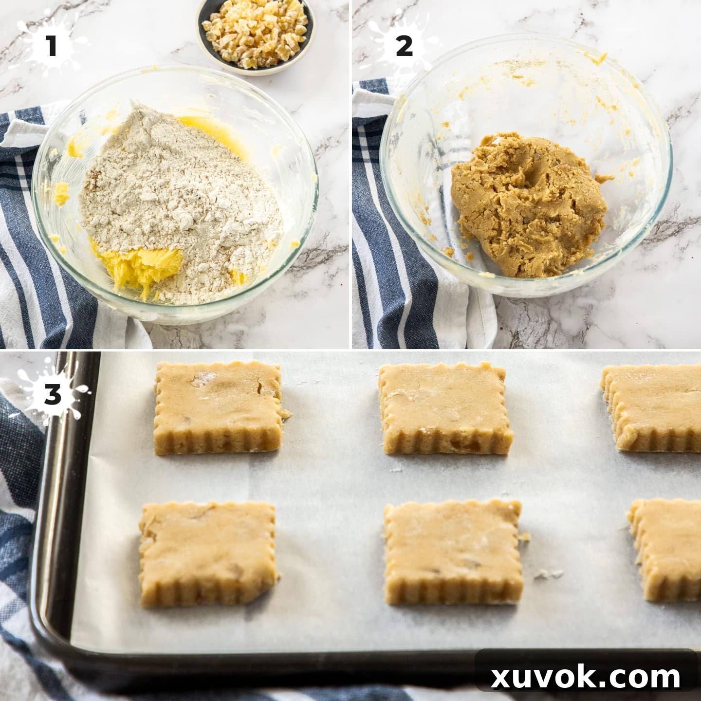 Shortbread dough being mixed in a clear glass bowl, showing the consistency before rolling.