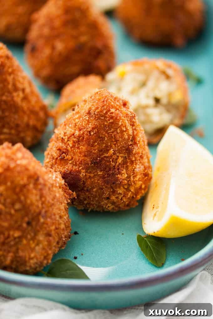 A detailed close-up shot of a single golden-brown arancini ball, showcasing its perfectly crispy exterior and inviting texture.
