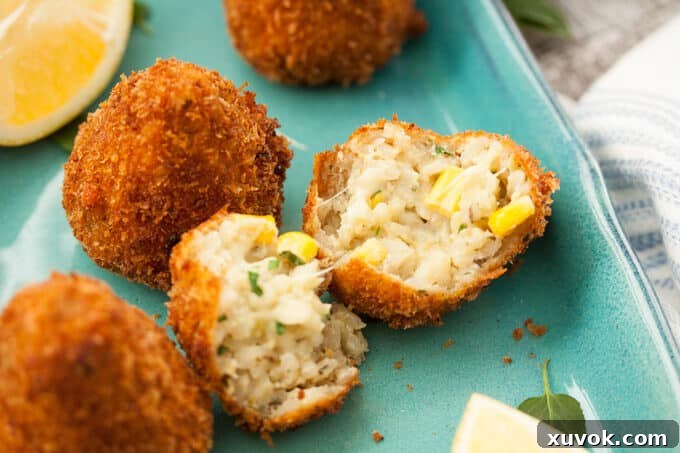 An inviting close-up of a cut-open arancini ball, revealing its creamy risotto interior, melted mozzarella, and sweet corn kernels.