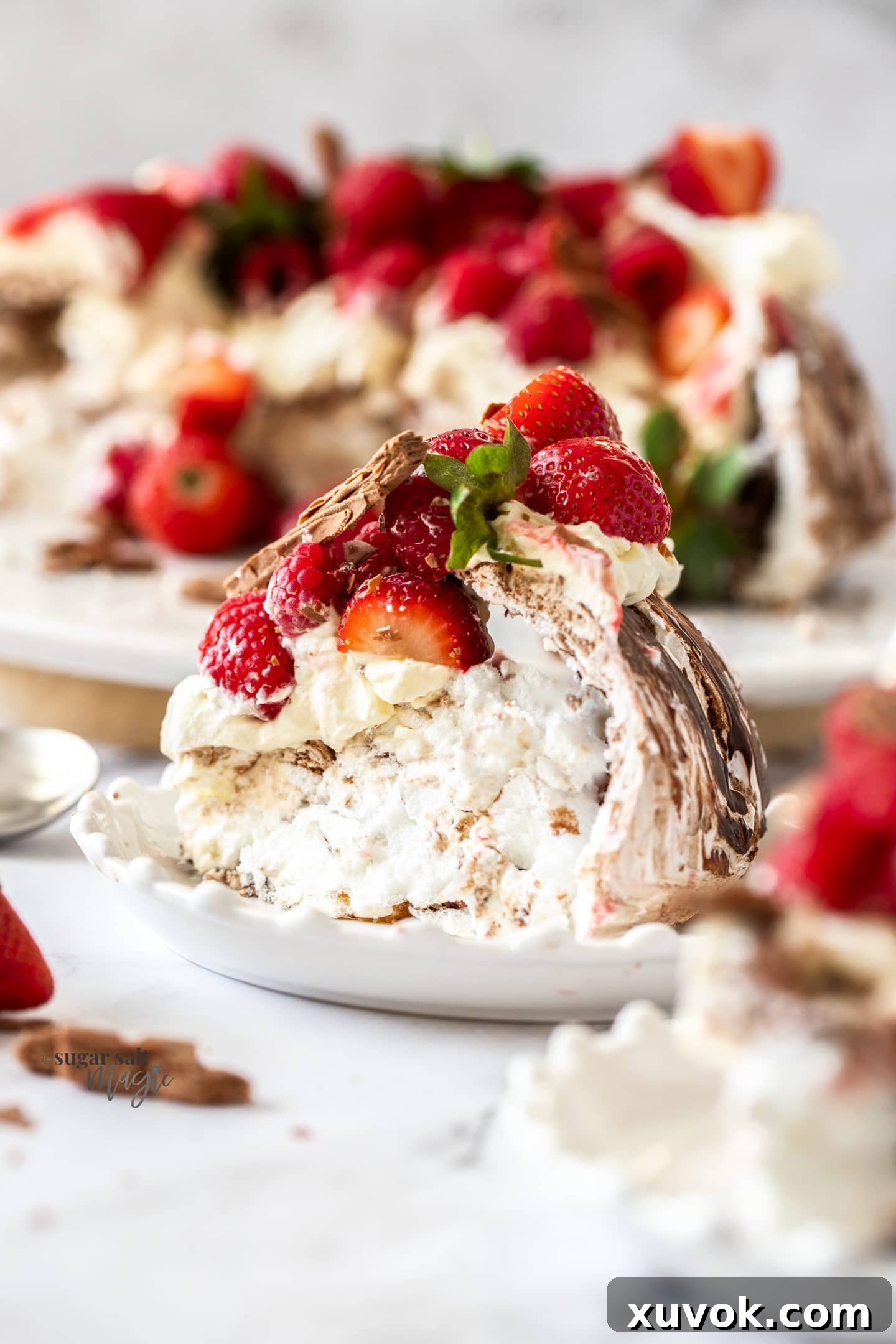 A slice of pavlova swirled with chocolate on a white plate
