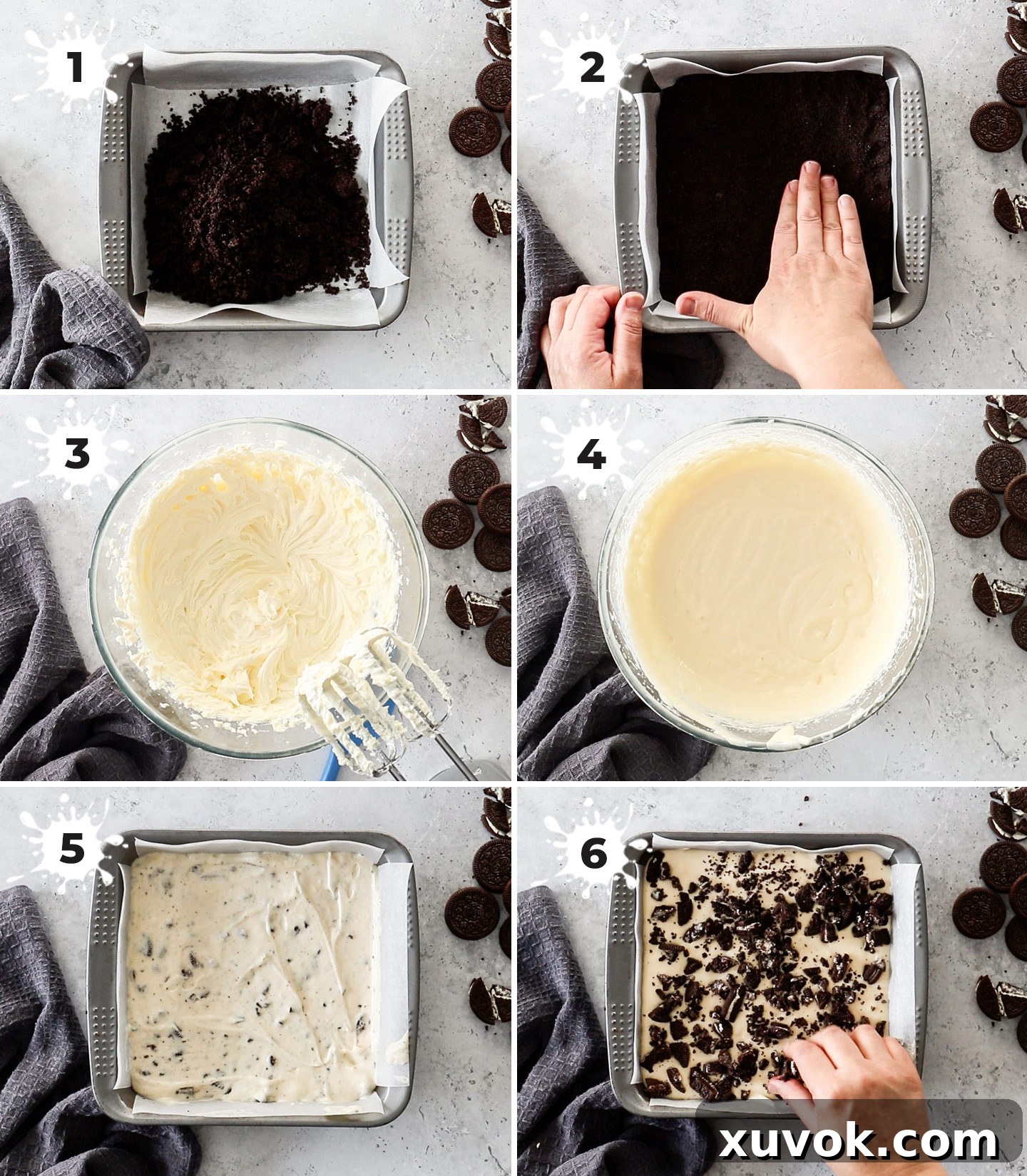 A visual collage illustrating the step-by-step process of preparing delicious Oreo cheesecake bars, from crust to baking.