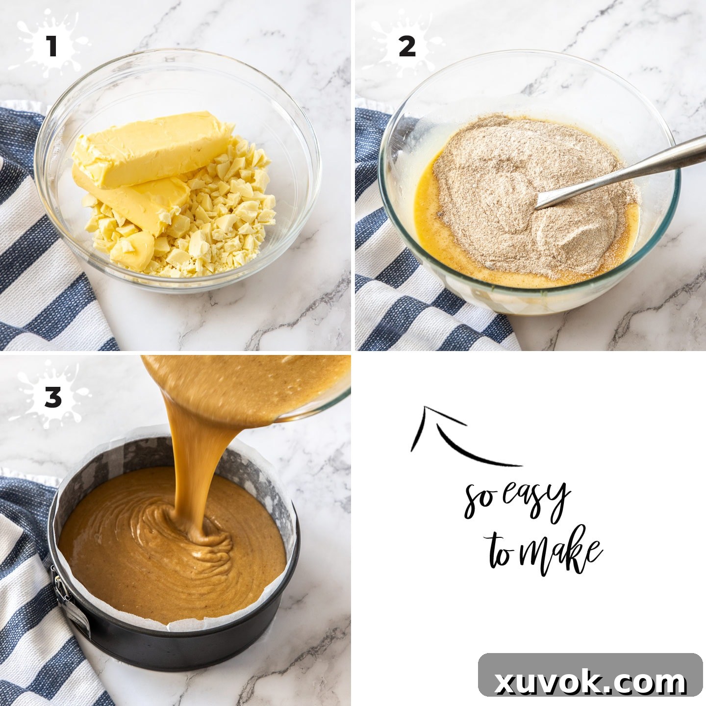 Process shots showing creamy caramel mud cake batter in a glass bowl, then carefully poured into a prepared round baking tin, highlighting the smooth consistency and readiness for the oven.