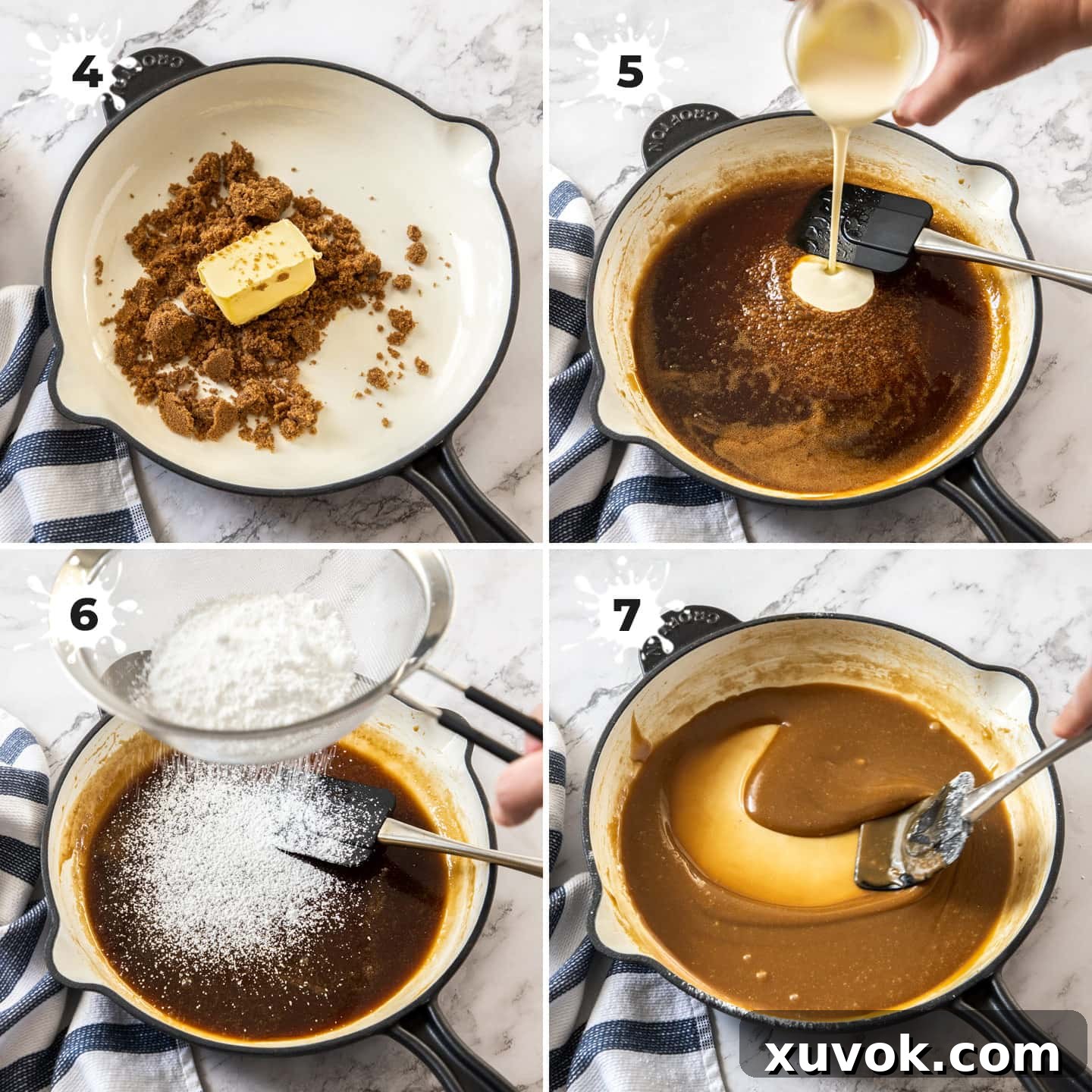 Hands stirring rich, glossy caramel icing in a vibrant red enamel cast iron saucepan, illustrating the simple process of creating the perfect topping for the mud cake.