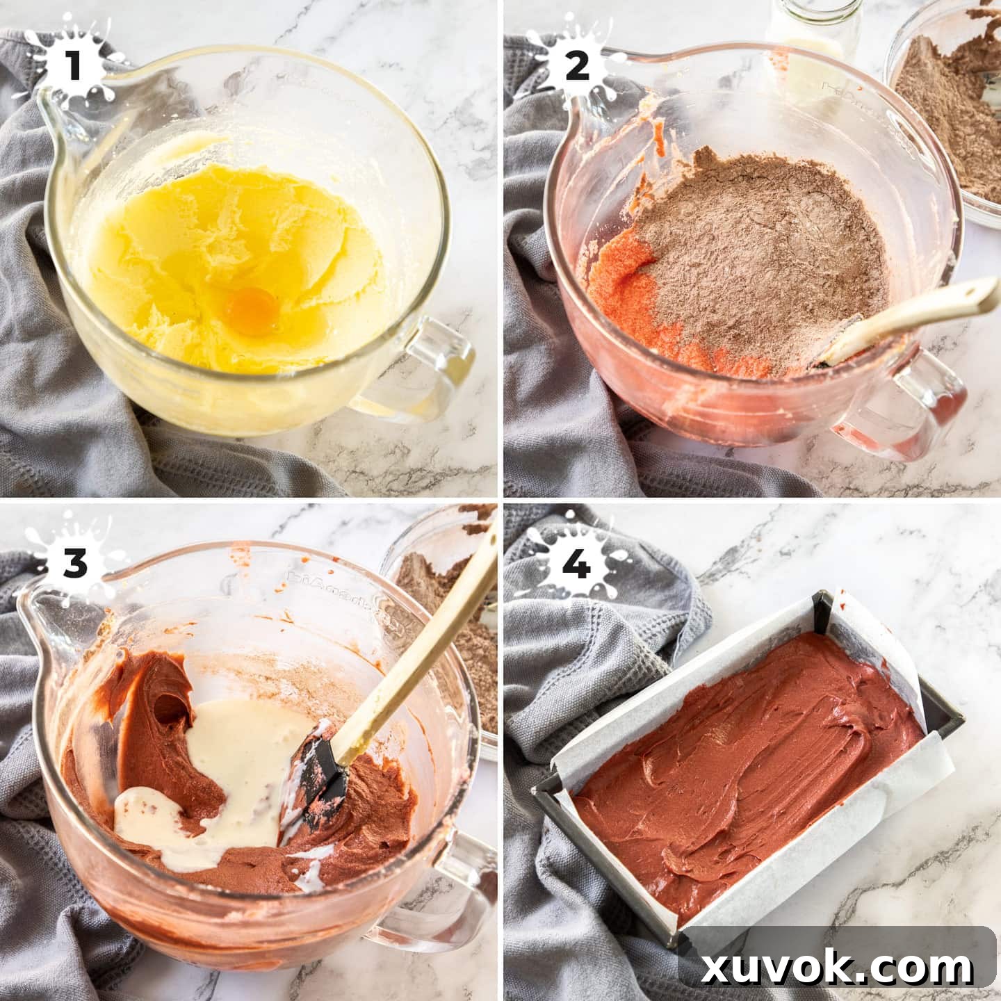 A step-by-step visual guide showing the preparation of the Red Velvet Pound Cake batter, from creaming butter to adding wet and dry ingredients.