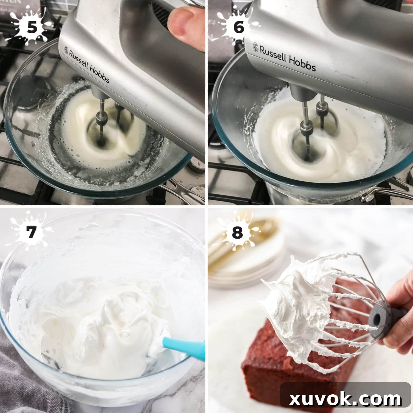 A visual sequence demonstrating how to create the light and airy marshmallow frosting for the Red Velvet Pound Cake.