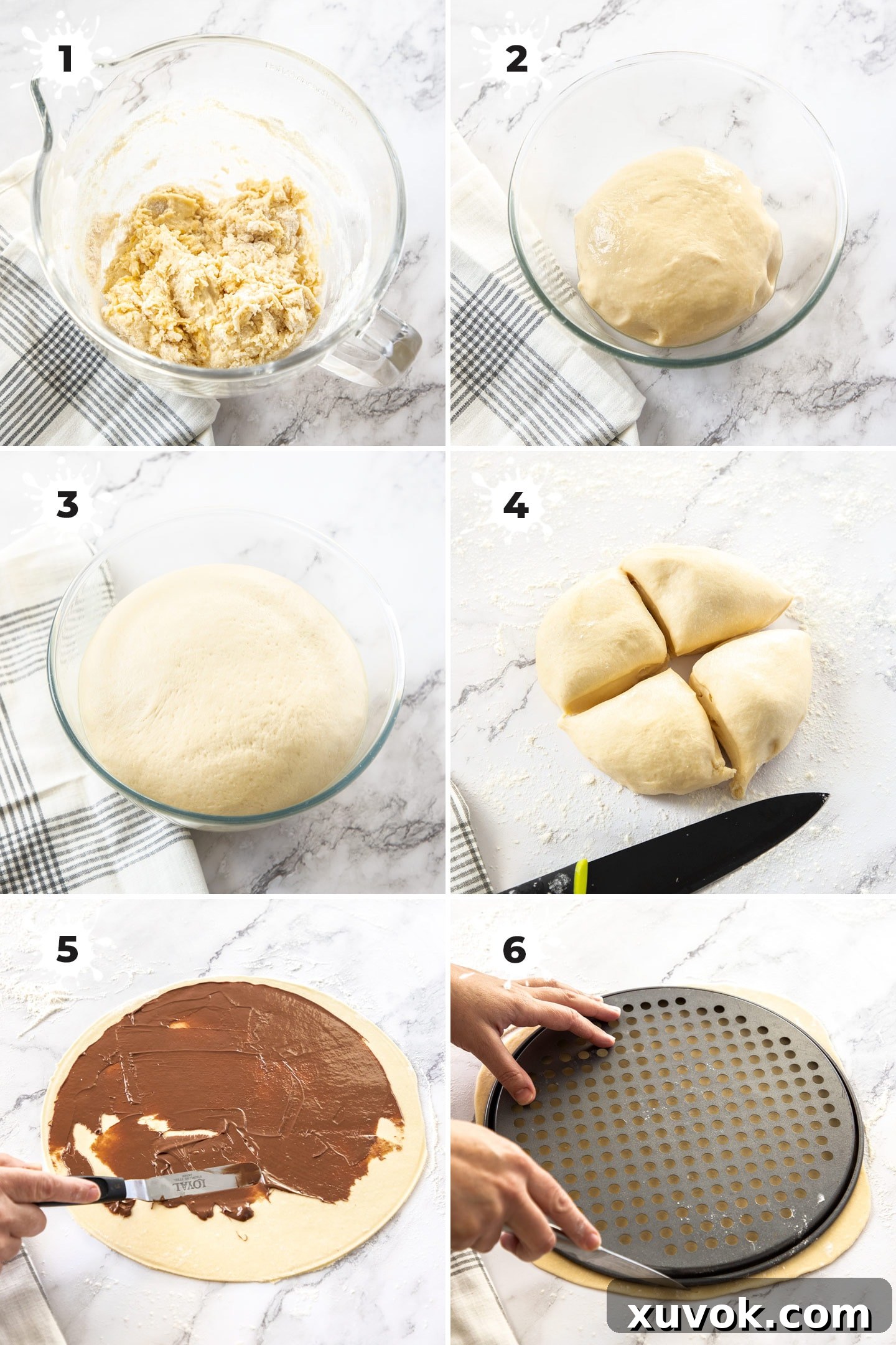 6 images showing dough being made in a glass bowl, then rolled out and layered with Nutella