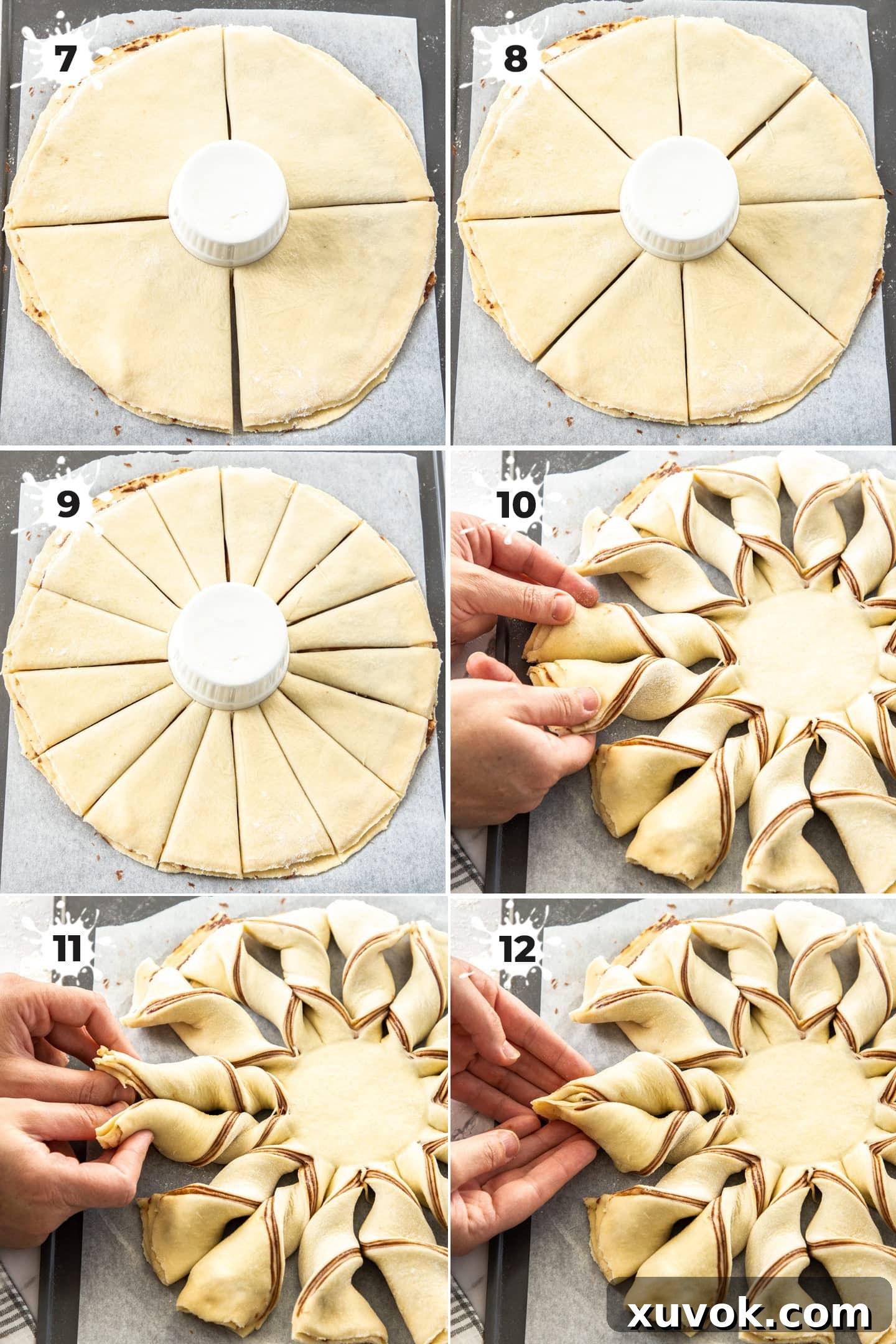 6 images showing how to cut and twist the dough to shape star bread