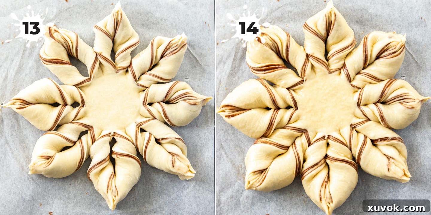 Star bread dough on a baking tray, before and after resting