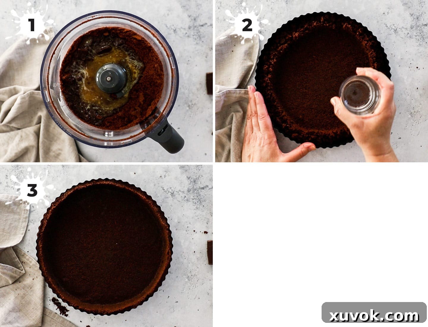 A four-panel collage showing the process of making a chocolate cookie crumb crust for a tart.