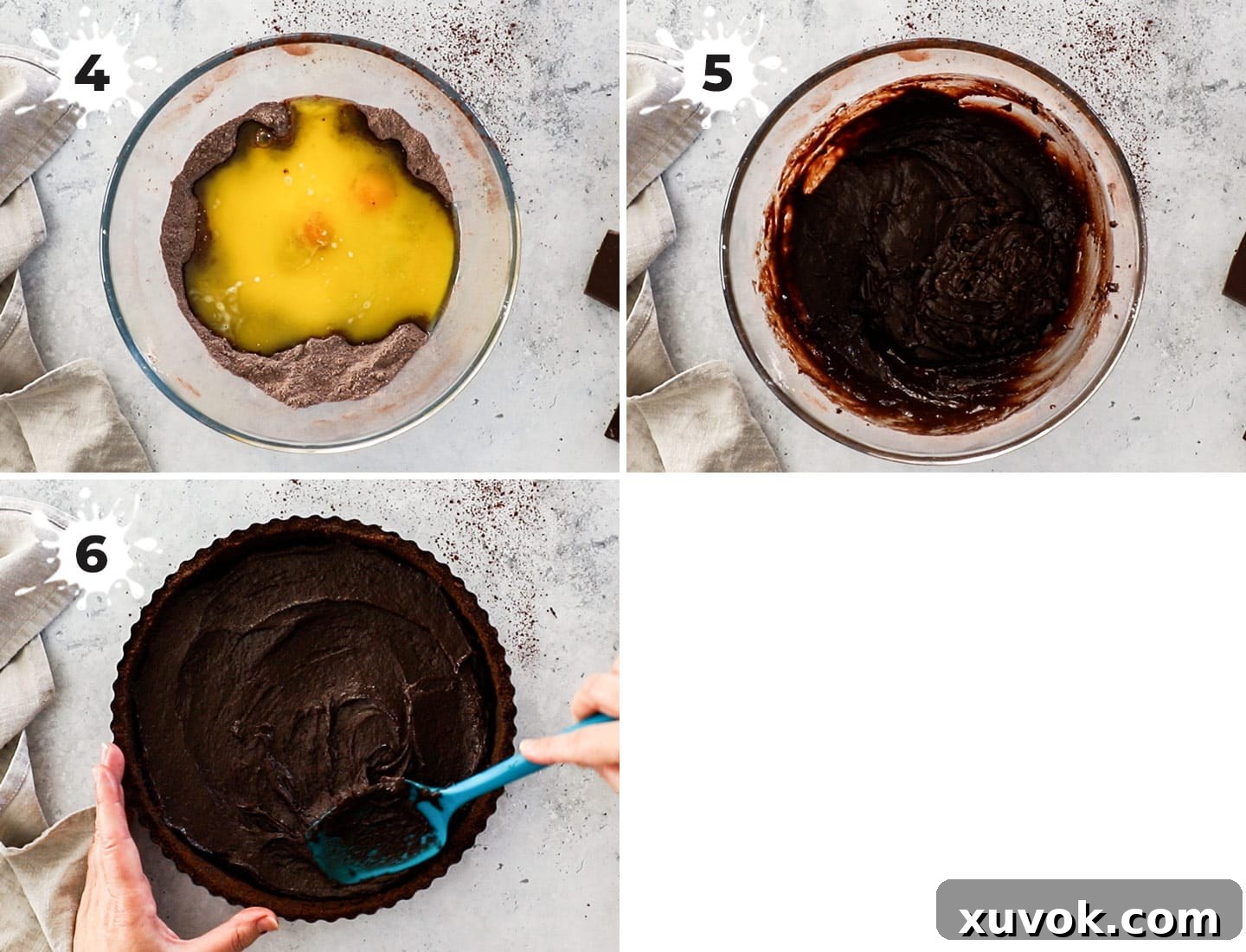 A four-panel collage illustrating the steps to prepare brownie batter for the tart.