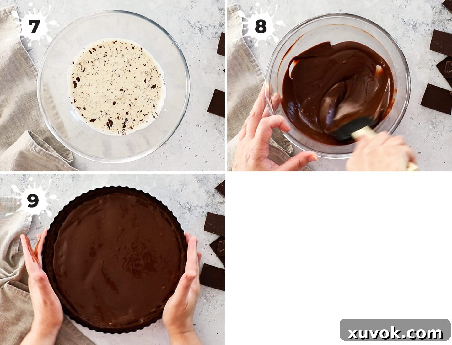 A four-panel collage showing how to prepare peppermint ganache, from chopped chocolate to a smooth topping.