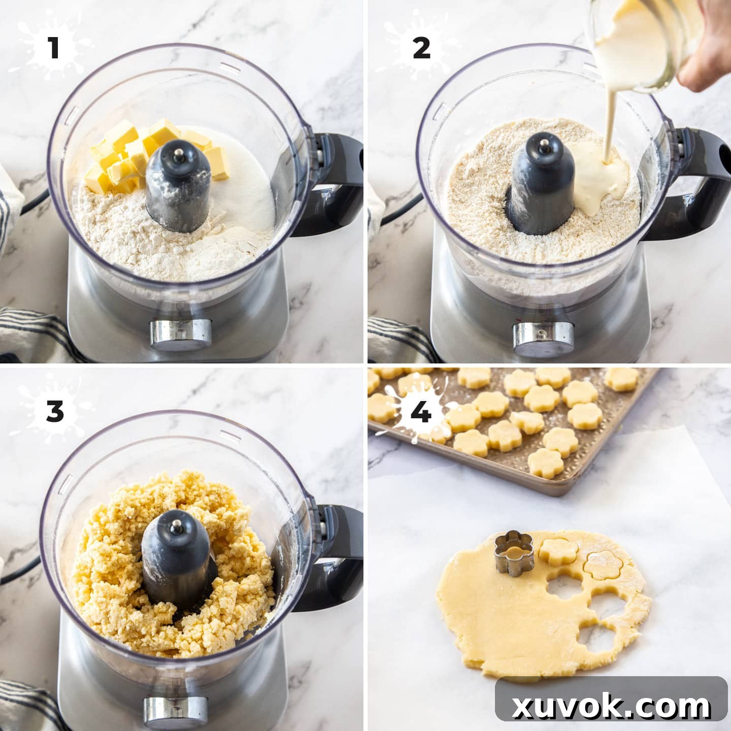 A food processor mixing ingredients for the buttery cobbler topping, showing the dough forming a clumping texture.