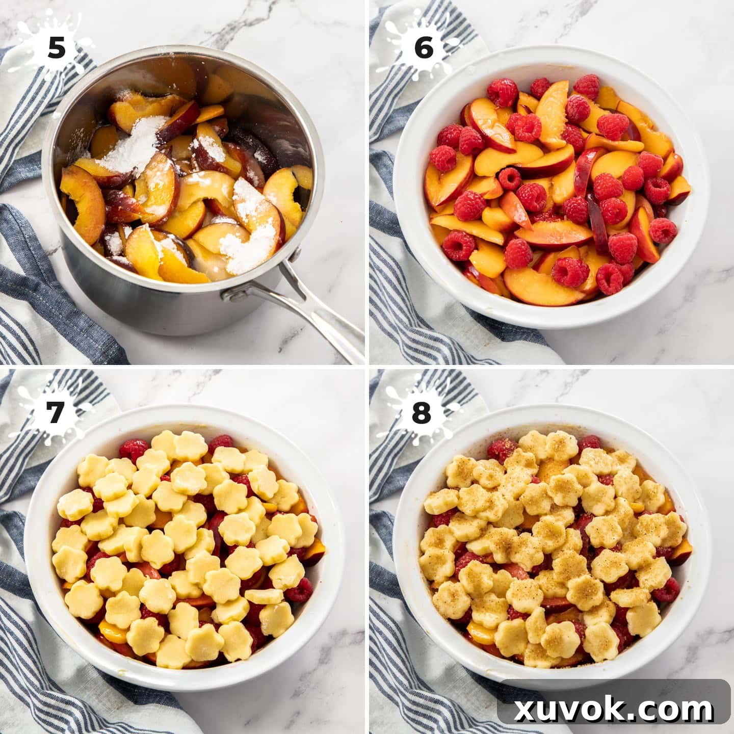 Four sequential images demonstrating the stages of assembling a raspberry peach cobbler dessert, from cooking peaches to topping placement.