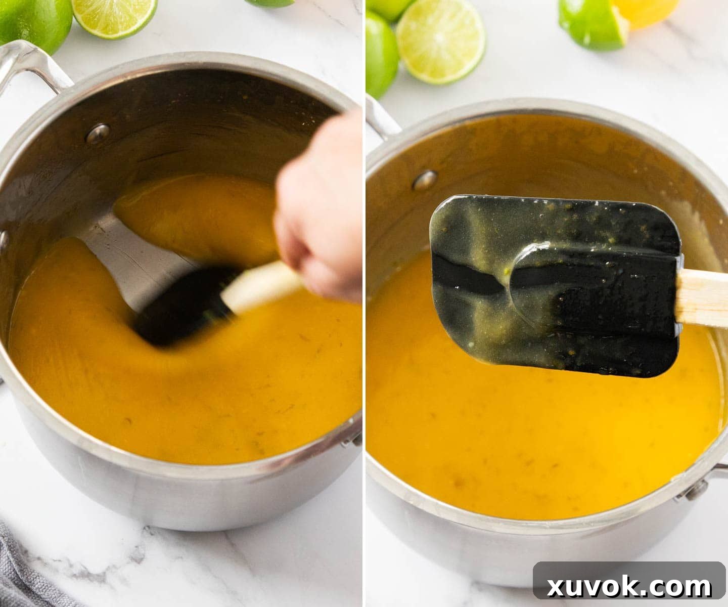 The perfectly thickened consistency of the finished lime curd, ready to be removed from the heat.