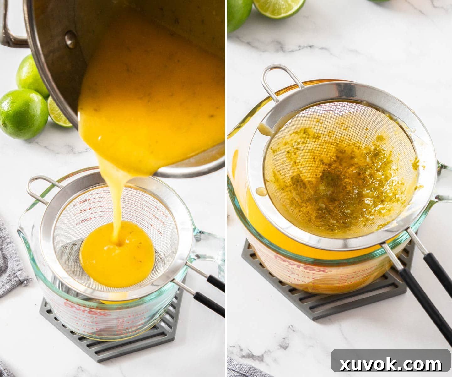 Pouring the freshly cooked lime curd through a fine-mesh strainer into a glass jar for storage.