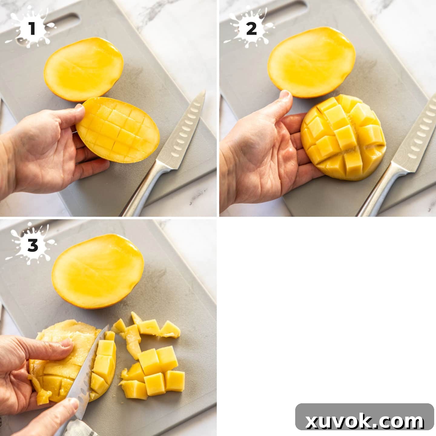 A three-panel image demonstrating the correct technique to cut fresh mango flesh into cubes from its skin for easy preparation.