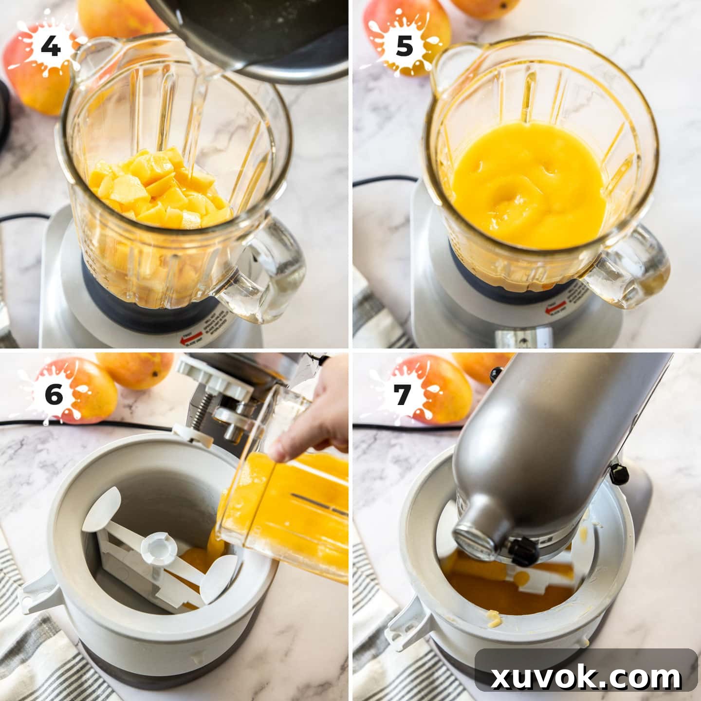 A two-panel image showing the process of blending mango puree in a high-speed blender, followed by the pouring of the smooth mixture into an ice cream machine for churning.