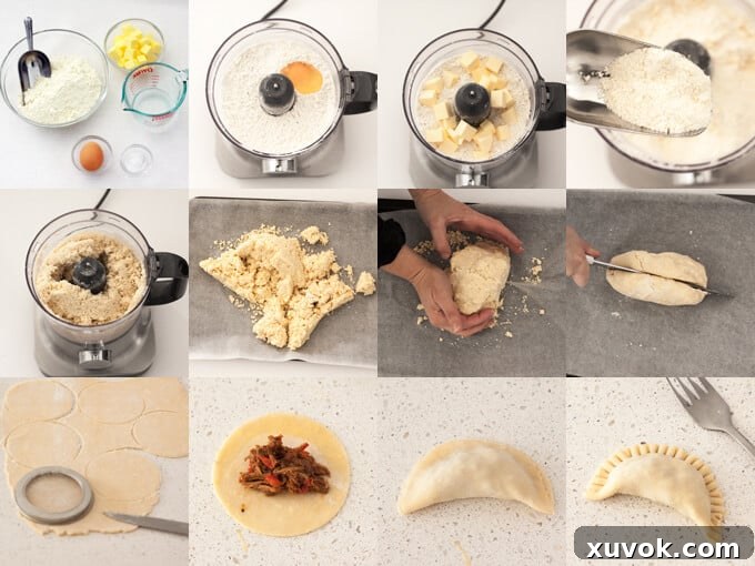 A four-panel collage illustrating the step-by-step process of making pulled pork empanadas, from preparing the dough and filling to assembling and baking.