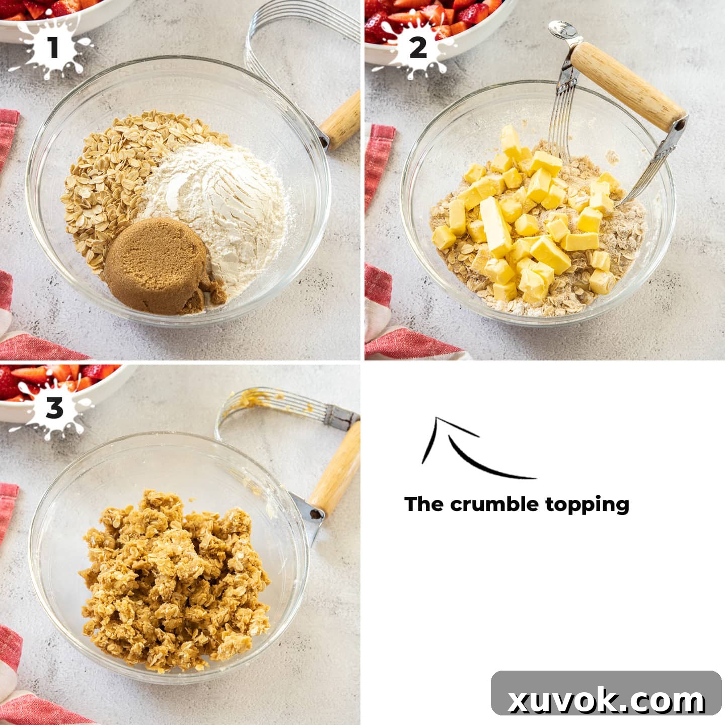 A glass bowl containing ingredients for the crumble topping, being mixed by hand to create chunky pieces.