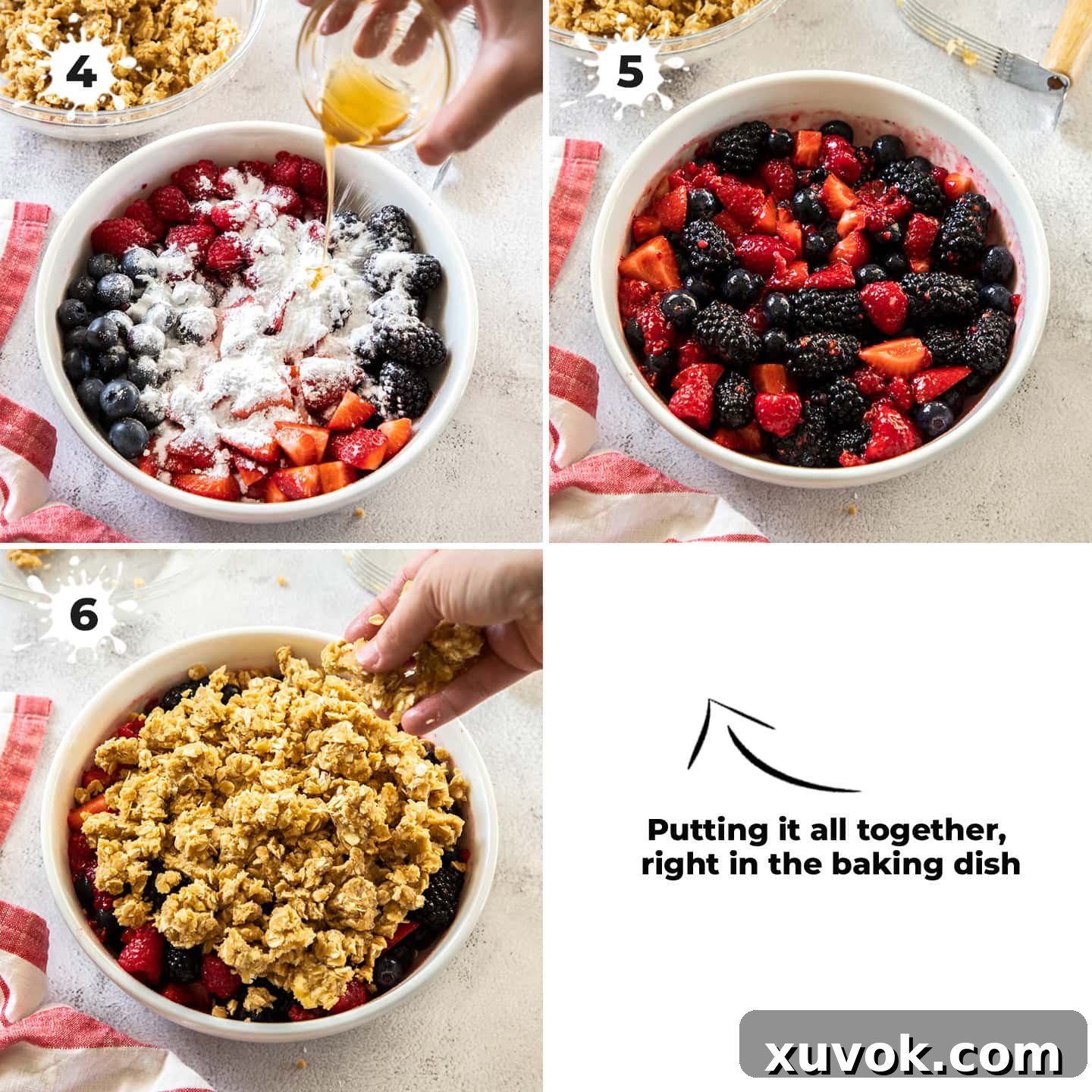 Three sequential images showing the process of mixing berries, adding the crumble, and the dish ready for baking.