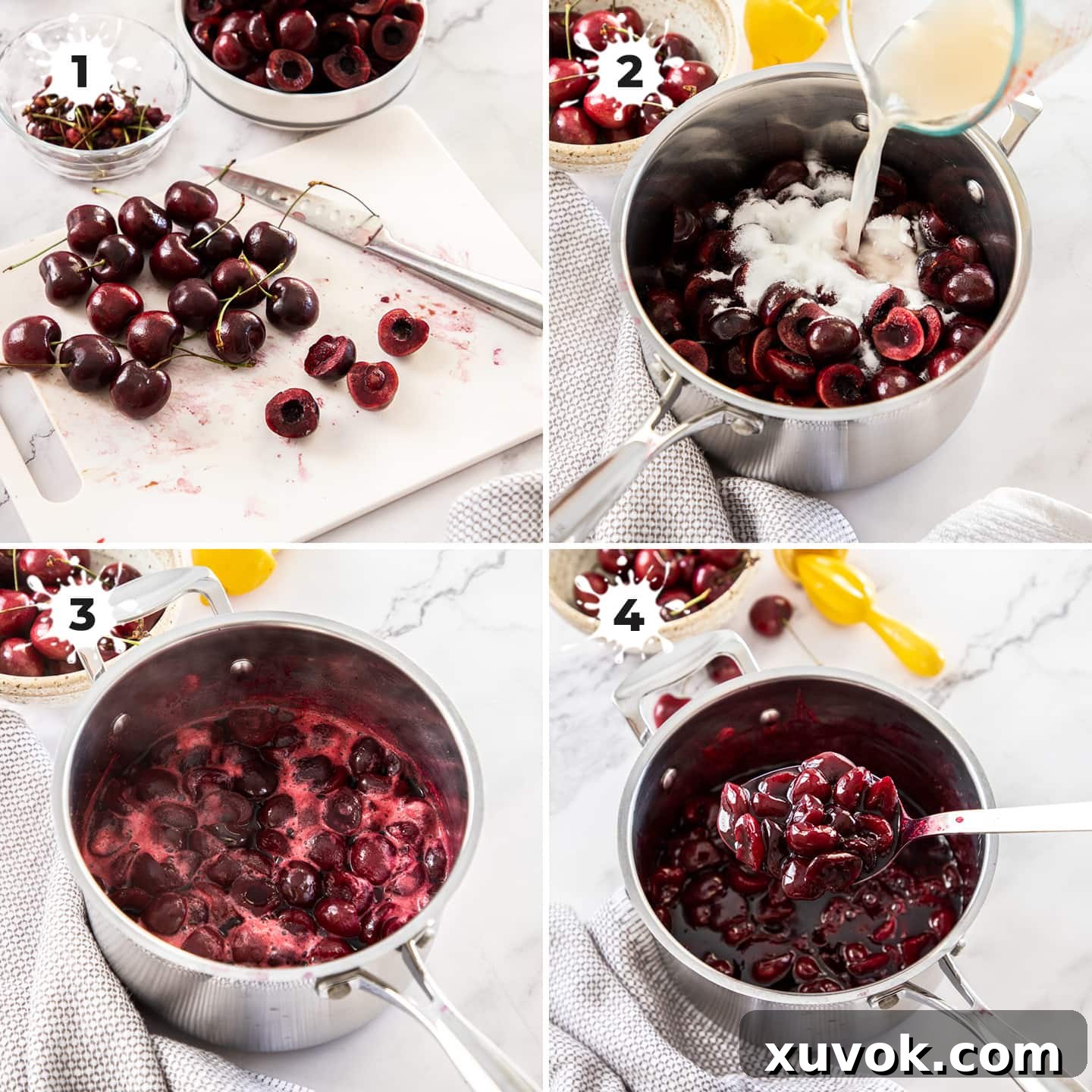 4 images showing steps of making cherry sauce in a saucepan