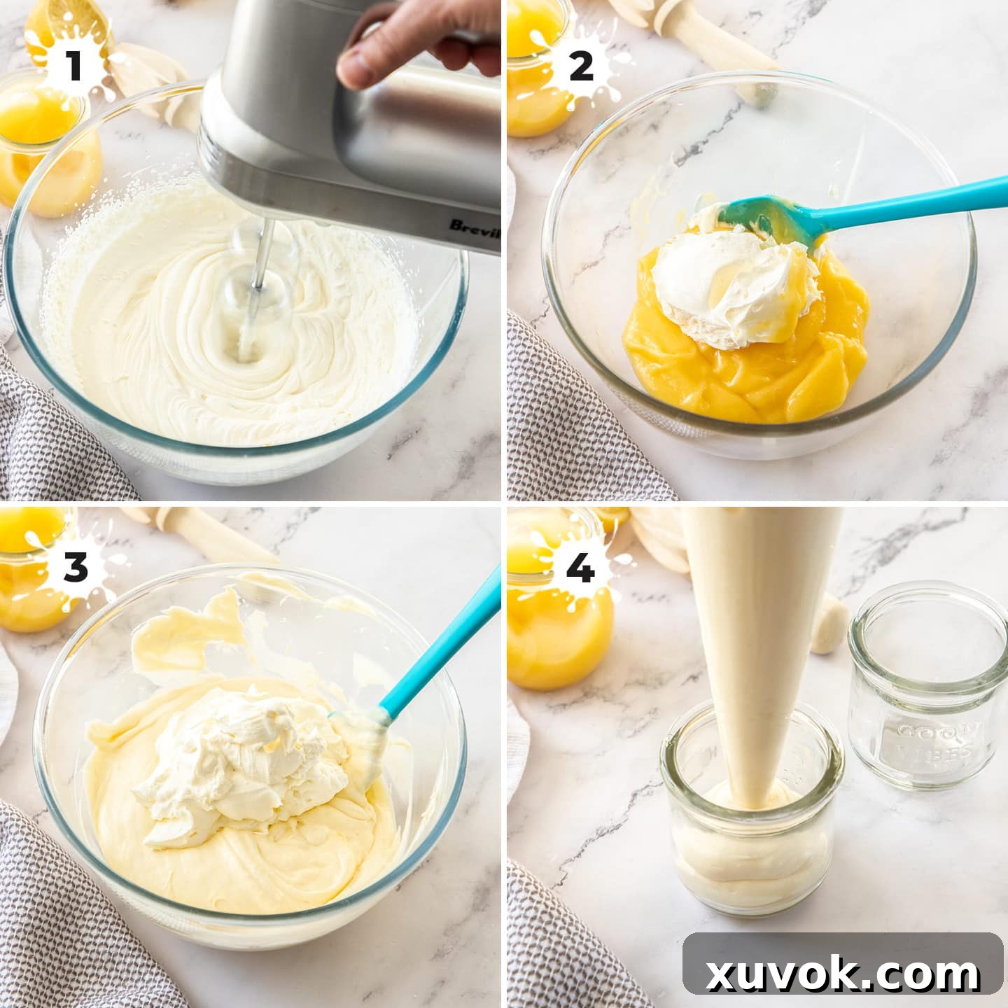 A four-panel photo collage illustrating the step-by-step process of making lemon curd mousse, from whipping cream to folding it into curd and piping into glasses.