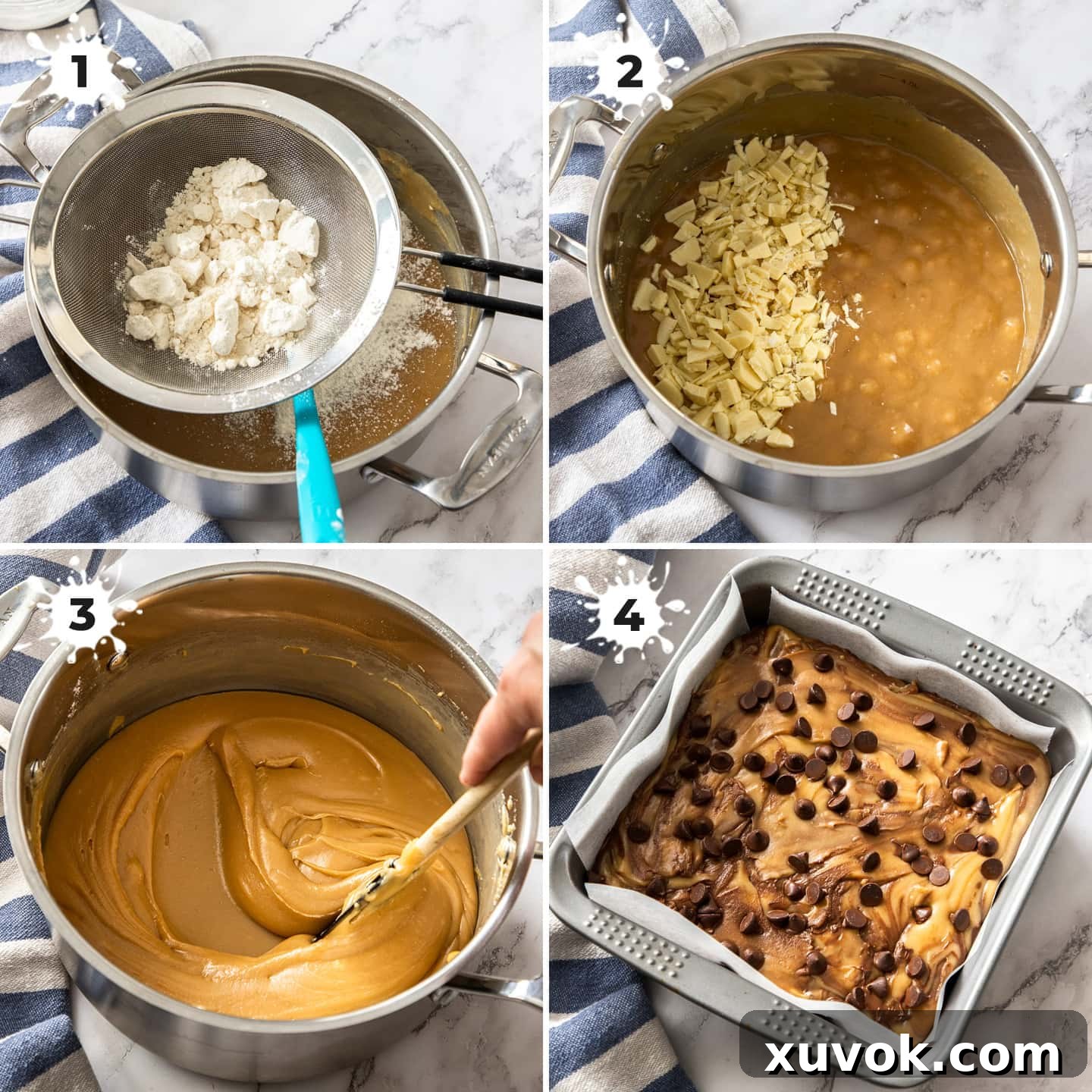 A series of four sequential images depicting the step-by-step process of making cookie dough fudge in a saucepan, from combining ingredients to thickening the final mixture.
