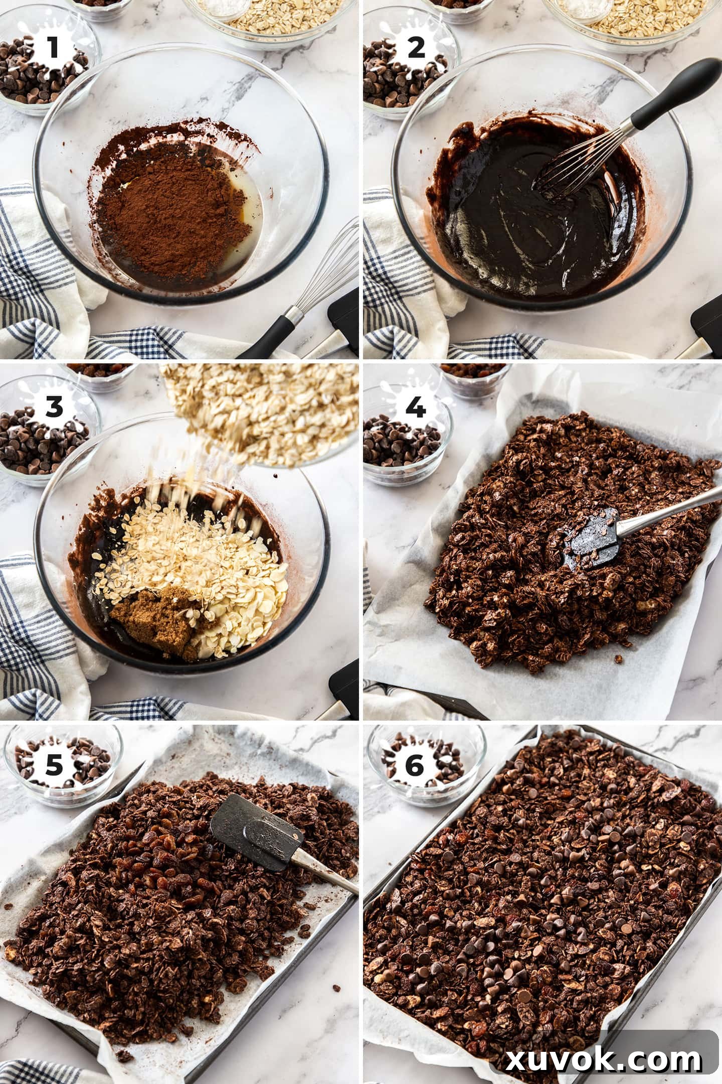 A visual guide with 6 images showing the process of making chocolate granola from mixing ingredients to finished product.