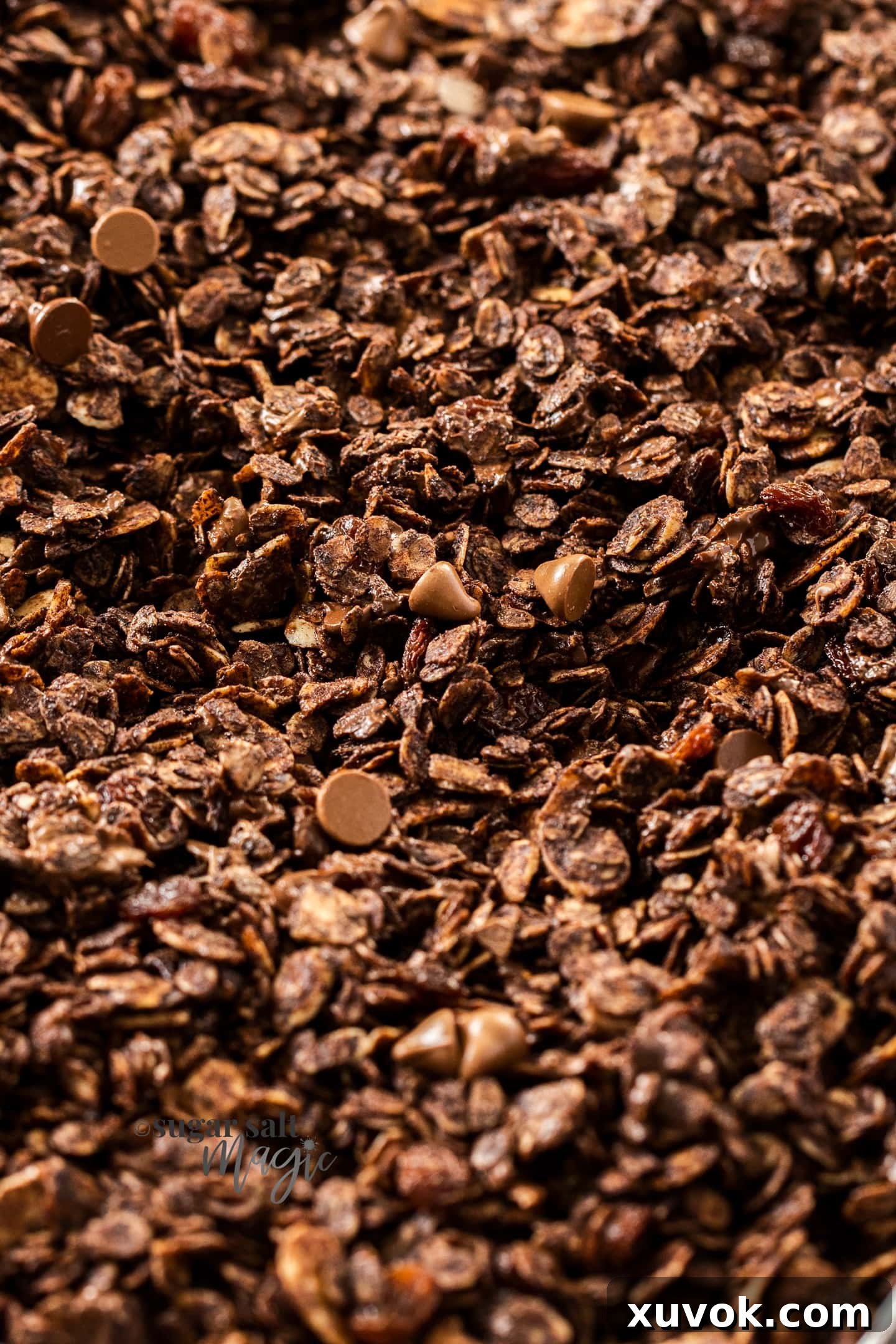 A close-up view of crunchy homemade chocolate granola, highlighting its texture and embedded chocolate chips.