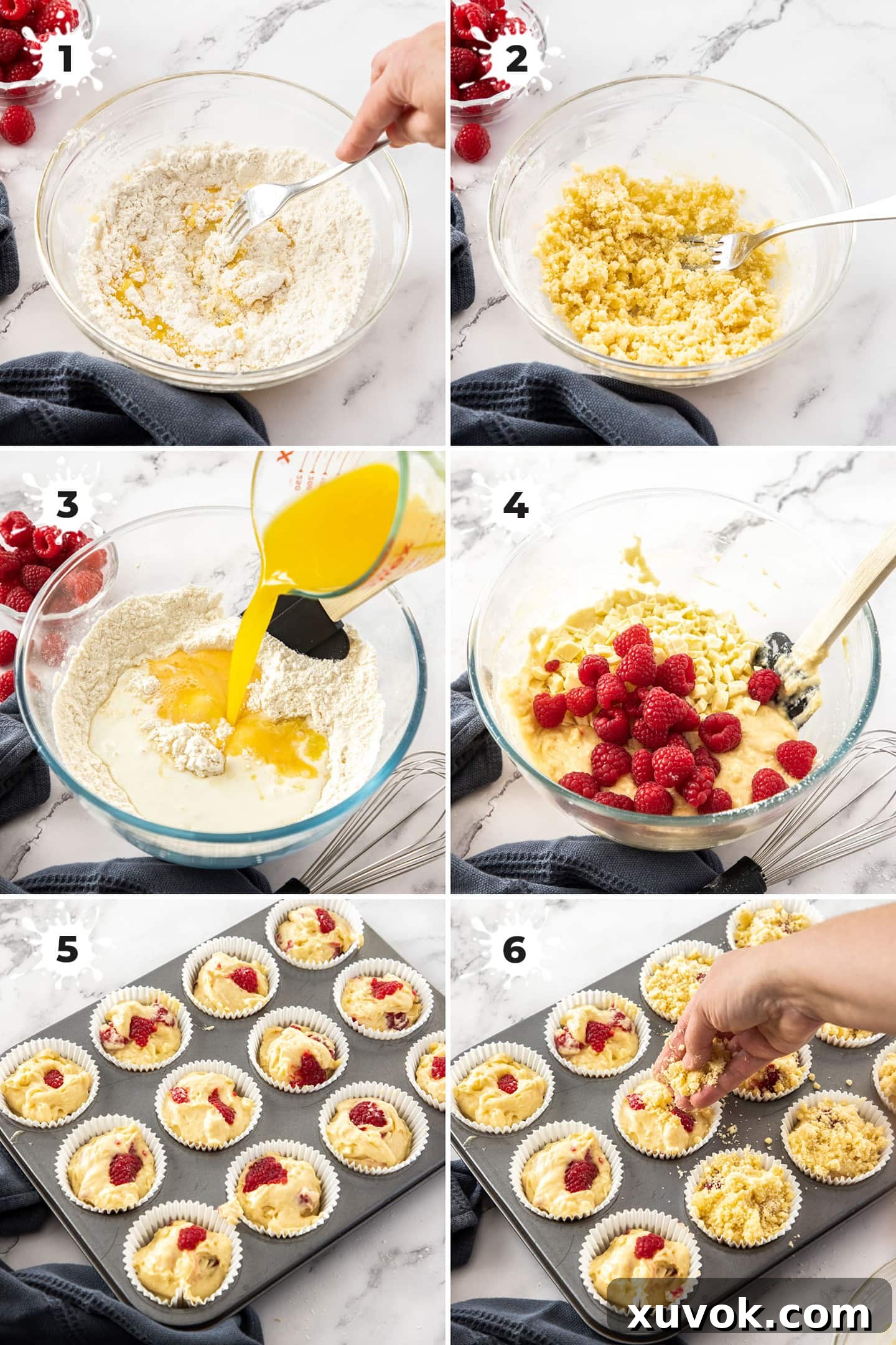 6 images showing how to make raspberry white chocolate muffins.