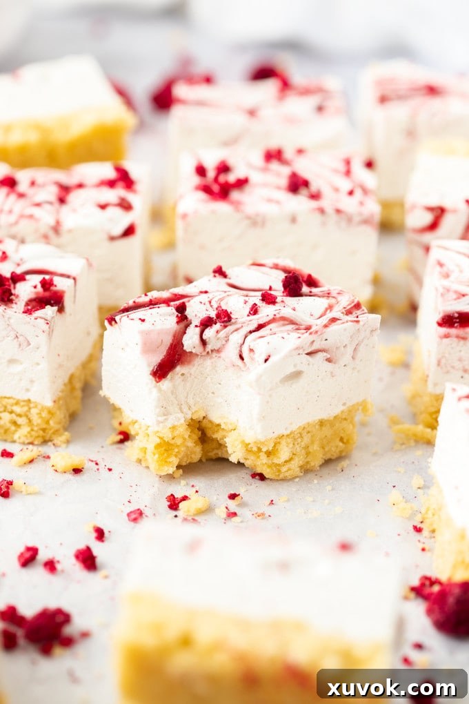 Closeup of a marshmallow slice with a bite taken out of it.