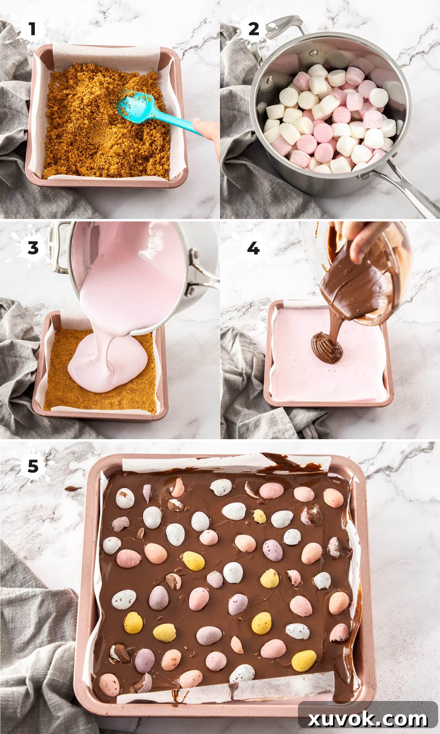 5 images showing how to make easter egg slice.