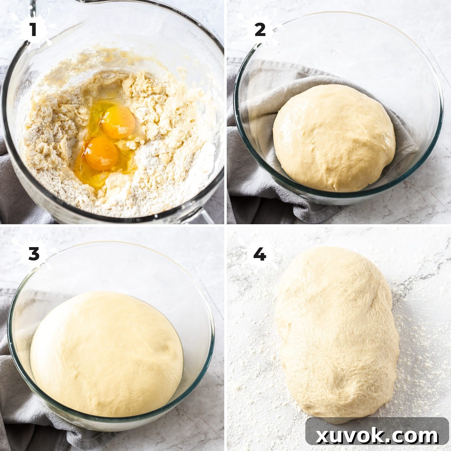 A series of images demonstrating how to prepare cinnamon bun dough: from mixing ingredients to the first rise.