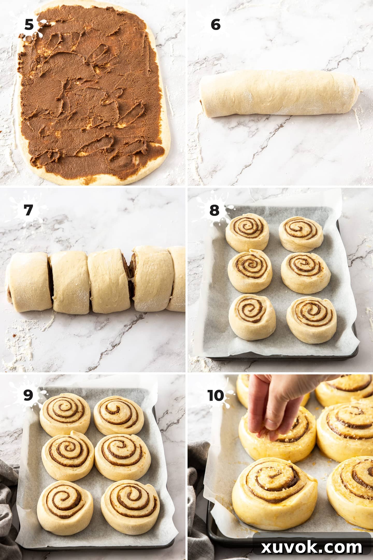 A two-step visual guide demonstrating how to roll out the cinnamon bun dough and spread the filling.