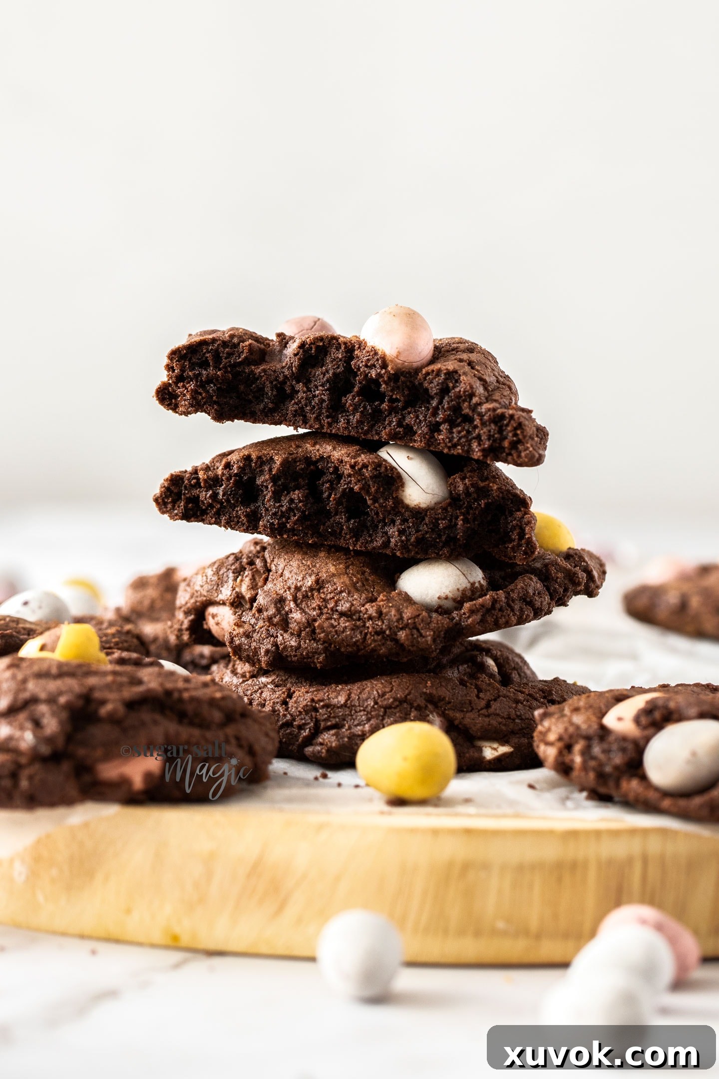 A stack of two fudgy chocolate mini egg cookies, with more cookies and Cadbury mini eggs scattered around them on a rustic wooden surface.