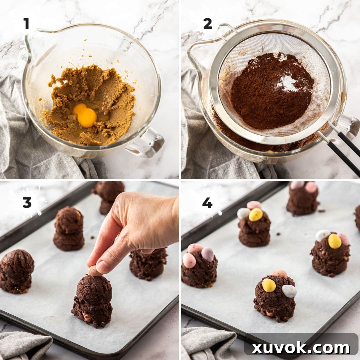 Four-panel collage showing the process of mixing cookie dough ingredients and shaping cookies with mini eggs on top, ready for baking.