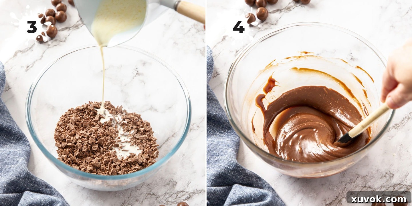 Hot cream being poured over finely chopped milk chocolate in a bowl, followed by stirring to create a smooth ganache.