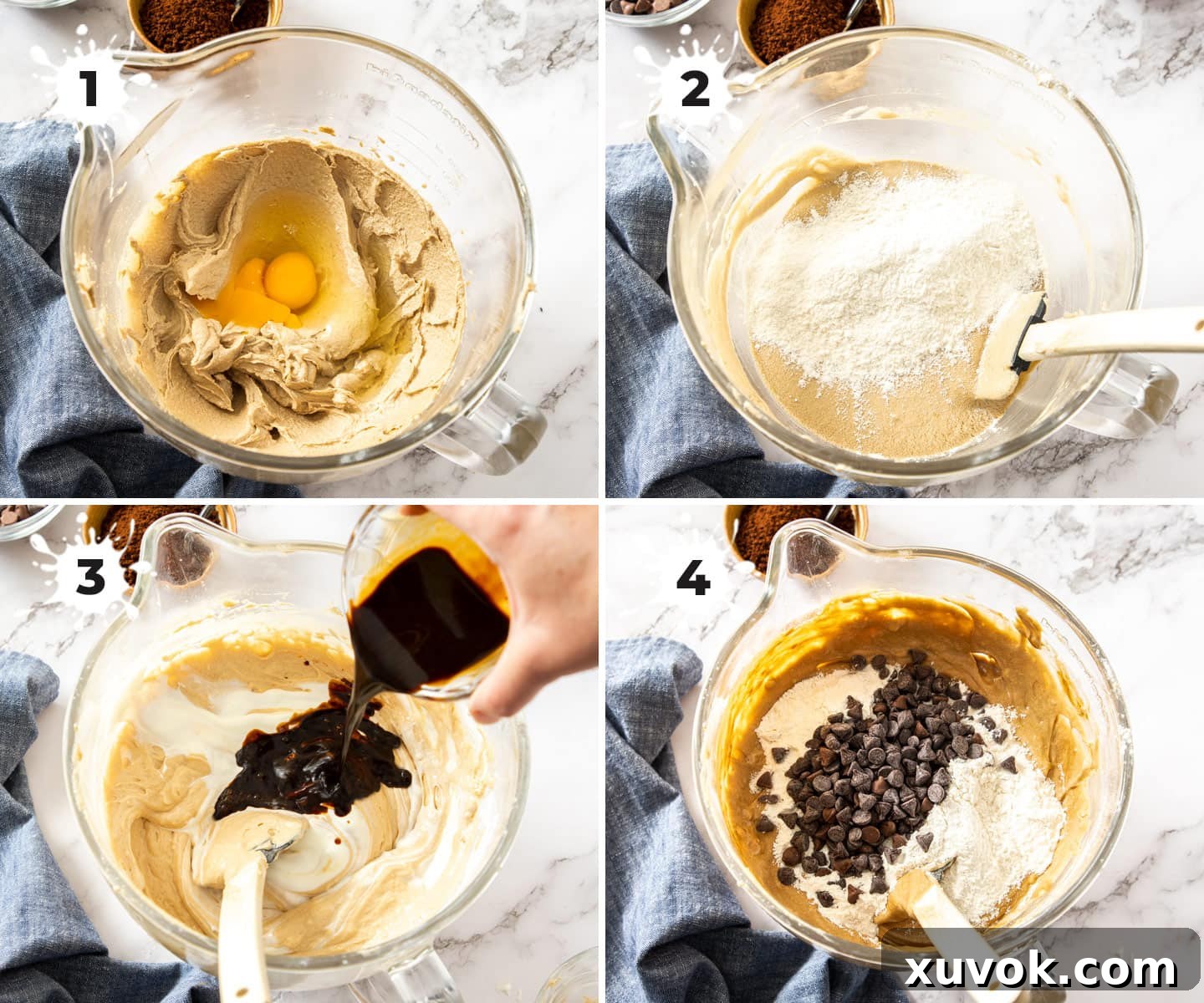 Detailed images showing the progression of coffee bundt cake batter in a mixing bowl, from whisked ingredients to a smooth mixture.